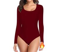 SHAPERIN Body Manga Larga Mujer Bodysuit Top Térmico Cuello Redondo Jersey Abrigado Camiseta de Otoño Invierno, Rojo Vino, XL