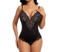 SHAPERIN Body Moldeador Mujer Abdomen Control Fajas Reductoras Shapewear Bodysuit de Encaje Cuello en V Body Shaper, Negro, XXL