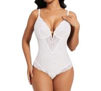 SHAPERIN Body Moldeador Mujer Abdomen Control Fajas Reductoras Shapewear Bodysuit de Encaje Cuello en V Body Shaper, Blanco, XXL