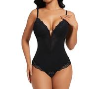 SHAPERIN Body Moldeador Mujer Abdomen Control Fajas Reductoras Shapewear Bodysuit de Encaje Cuello en V Body Shaper, Negro-2, S