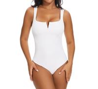 SHAPERIN Body Moldeador Mujer Cuello en V Shapewear Bodysuit Control de Abdomen Sin Costuras Body Shaper Tanga Blanco XL