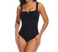 SHAPERIN Body Moldeador Mujer Cuello en V Shapewear Bodysuit Control de Abdomen Sin Costuras Body Shaper Tanga Negro M