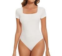 SHAPERIN Body Mujer Cuello Cuadrado Bodysuit Tanga Manga Corta Elegante Square Neck Bodysuit Tops, Blanco, L