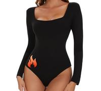 SHAPERIN Body Térmica Mujer Manga Larga Cuello Cuadrado Thermal Top con Forro Polar Elegante Térmico de Invierno Negro-Térmica M