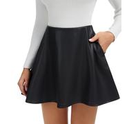 SHAPERIN Mini Falda de Piel Sintética Mujer Línea A Falda Corta Minifalda con Pantalón & 2 Bolsillos Faux Leather Skirt with Shorts Negro S