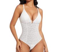 SHAPERIN Mujer Body Reductor de Encaje Cuello en V Shapewear Bodysuit con Sujetador Incorporado Camiseta Top Control de Abdomen Blanco 2XL