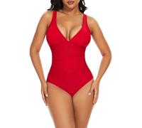 SHAPERIN Traje de Baño Mujer Reductor Barriga Sexy Monokini con Escote en V Bañador Natacion con Sujetador Incorporado Bañadores de Una Pieza, Rojo, M