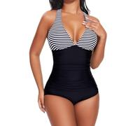 SHAPERIN Traje de Baño Mujer Reductor Barriga Sexy Monokini con Escote en V Bañador Natacion con Sujetador Incorporado Bañadores de Una Pieza, Rayas, S