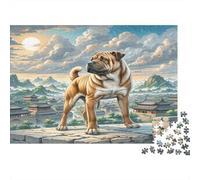 Shar Pei Rompecabezas de Papel Shar Pei en Muro de Piedra en Pueblo Chino, Regalo Coleccionable Antiestrés 38x26cm/1000 Piezas