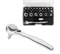 Sharden Juego de mini trinquete de 1/4 de 28 piezas de destornillador de ángulo recto y broca con juego de llaves métricas, llave de trinquete pequeña de 72 dientes, destornillador de perfil bajo para