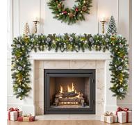 SHareconn 9 FT (2.7 m) Corona de Navidad Artificial Preiluminada, con Bayas Rojas y Piñas, con Luces Multicolores y Función de Temporizador, para Escaleras y Chimeneas Navideñas, Nieve