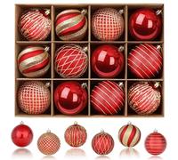 SHareconn Bolas de Navidad Juego de Decoración Navideña 12 Piezas con Cuerda, Bolas de Decoración para árbol de Navidad Irrompibles, Fiestas, Bolas de Arbol para Decoración,Rojo y Dorado