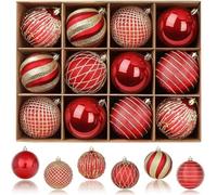 SHareconn Bolas de Navidad Juego de Decoración Navideña 12 Piezas con Cuerda, Bolas de Decoración para árbol de Navidad Irrompibles, Fiestas, Bolas de Arbol para Decoración,Rojo y Dorado