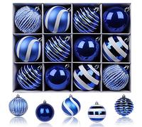 SHareconn Bolas de Navidad Juego de Decoración Navideña 12 Piezas con Cuerda, Bolas de Decoración para árbol de Navidad Irrompibles, Fiestas, Bolas de Arbol para Decoración,Azul y Blanca