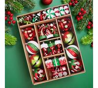 SHareconn Juego de 75 bolas navideñas de plástico irrompibles para colgar, con diseño de botas de elfo, para decorar el árbol de Navidad, fiestas y otras ocasiones, en rojo, verde y blanco.