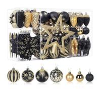 SHareconn Set de 106 bolas de Navidad, bolas decorativas de plástico inastillables con ganchos incluidos para decoración de árbol de Navidad, decoración de fiestas, bodas, festividades, negro y dorado