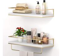 Shario Estantes flotantes blancos juego de 2 estantes colgantes montados en la pared con toallero dorado estantes decorativos de almacenamiento para baño cocina sala de estar y dormitorio (blanco)