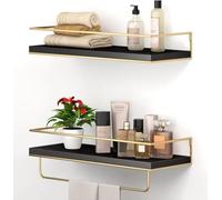 Shario Estantes flotantes, juego de 2, estantes colgantes montados en la pared con toallero dorado, estantes de almacenamiento decorativos para baño, cocina, sala de estar y dormitorio (negro dorado