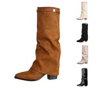 Shark Boots Overknees Stiefel Damen Weitschaftstiefel Warme Stiefe Slouchy Langschaft High Knee Winter warm Heels Fold Over Boots, Braun B, 42 EU