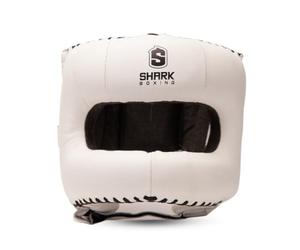 SHARK BOXING Casco Boxeo Ranger con Barra | Piel Acabado Mate | Interior de Ante Antideslizante | Doble Acolchado Frontal | Casco Sparring Boxeo | Marca Española (Blanco, S/M)