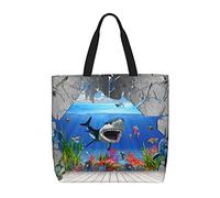 Shark Dolphin entrando a través de la pared rota bolso de hombro casual bolso reutilizable compras viaje bolsa de comestibles regalos para mujeres