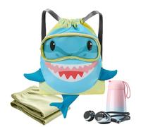 Shark Drawstring Swim Backpack | Waterproof PU PVC Sport Gym Bag With Shoe Compartment Dry Wet Separation 40x16x38cm Lightweight Kids Travel Storage Sack | Swimming Beach Camping Dance Shopping Fitnes