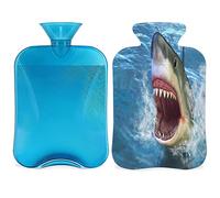 Shark Ocean - Botella de agua caliente con funda esponjosa, 2 L, gran capacidad, botella de mar de tiburón, bolsa de agua para noches acogedoras, alivio del dolor, espalda, cuello y hombros