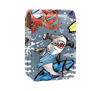 Shark Octopus Crab - Estuche portátil para pintalabios para viajes, mini caja de almacenamiento de lápiz labial con espejo para mujeres y mujeres, bolsa de cosméticos de cuero, Varios colores, 9.5x2x7 cm/3.7x0.8x2.7 in