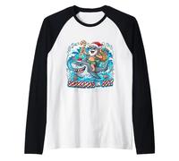 Sharkmas en Julio Surfeando Santa Shark Verano Navidad Camiseta Manga Raglan