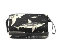 Sharks on Black - Neceser de doble capa para mujeres y niñas, neceser de viaje para maquillaje, organizador de maquillaje con compartimento para brochas, multicolor, 27x15x14 cm/10.6x5.9x5.5 in,