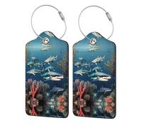 Sharks Under The Sea - 4 etiquetas de piel sintética para viajes de negocios, adecuadas para bolsos, mochilas, equipaje, 4 unidades