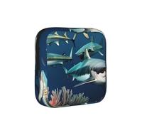 Sharks Under the Sea - Bolsa de almacenamiento a prueba de períodos, funda de viaje de higiene femenina para toallas sanitarias, bolsa mensural discreta para bolso de oficina