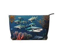 Sharks Under The Sea - Bolsa de maquillaje de pana versátil con cremallera para uso diario y organizador de capacidad de viaje, Black, Talla única