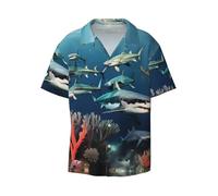 Sharks Under The Sea - Camisa informal de manga corta para hombre, elegante estampado hawaiano, transpirable y cómoda con botones, Negro, L