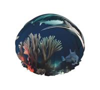 Sharks under the sea Gorro de ducha para mujer, impermeable, reutilizable, con cordón elástico lavable, adecuado para cabello largo y trenzas, ideal para ducharse.