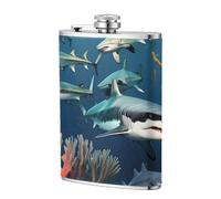 Sharks Under the Sea - Petaca de cuero de 8 onzas, termo de whisky de acero inoxidable para bebidas, juego de licor de bolsillo para hombres, boda, padrino de boda