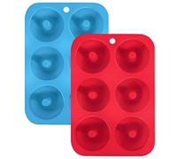 SHARON COOPER Moldes de silicona para hacer donuts, 6 cavidades antiadherentes, de silicona, bandeja para hornear rosquillas, magdalenas, bagels, pasteles, color azul, rojo, paquete de 2 unidades