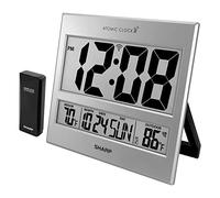 SHARP Reloj atómico, precisión atómica, Nunca Necesita configuración, Estilo técnico Plateado, números Grandes de 3 Pulgadas fáciles de Leer, Pantalla de Temperatura Interior y Exterior con Sensor