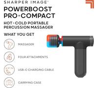Sharper Image PowerBoost Pro+ - Pistola de masaje de percusión compacta, terapia portátil caliente y fría, pistola masajeadora eléctrica pequeña con 4 accesorios y 6 velocidades, masajeador vibratorio