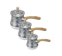 Sharplace Cafetera Turca Olla Tetera Cazo + Vaso Calentador de Café de Acero Inoxidable Mango de Madera Diseño Tradicional Patrón Grabado Adecuada para Hogar Regalos Decoración, Pattern 3