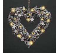 SHATCHI Adorno de Madera marrón preiluminado para Colgar en la Pared, decoración del hogar con 20 Luces LED cálidas, Estrella, Madera, corazón Blanco, 33 cm
