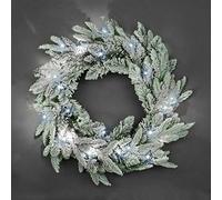 SHATCHI Corona de Navidad preiluminada de 55 cm, Abeto de Laponia para chimeneas, hogar, Pared, Puerta, Escalera, Nieve, Flocado, árbol de Navidad Artificial, decoración de jardín con 30 LED Blancos