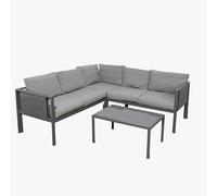 SHATCHI Marseilles - Juego de sofá esquinero de 5 plazas, Muebles de jardín de Metal, 4 Piezas, Cojines y Mesa Auxiliar con Parte Superior de Cristal, Bolsillos de Malla para Patio, salón, balcón