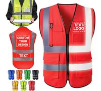 ShAxzHen Chaleco de seguridad personalizado para hombre y mujer con bolsillos de logotipo, ropa de trabajo de alta visibilidad personalizada con banda reflectante, rojo, M
