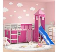 ShCuShan Cama alta con torre para niños, rosa, 90 x 200 cm, pino macizo, litera, cama doble, multifunción, con escaleras y armarios, barandilla estable adecuada para niños,