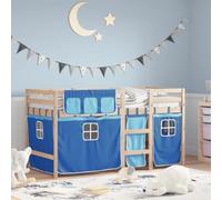 ShCuShan Cuna con cortinas azul, 80 x 200 cm, pino macizo, cuna, cama doble, multifunción, con escaleras y armarios, barandilla estable, adecuada para niños, raga