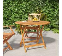 ShCuShan Mesa rectangular con estructura de metal, tapa efecto madera para jardín, mesa de jardín plegable, diámetro 90 x 75 cm, madera maciza de acacia