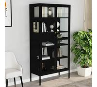 ShCuShan Vitrina negra 90 x 40 x 180 cm de acero y vidrio templado, elegante vitrina de salón de madera cristal