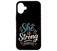 She Is Strong Proverbs 31 25 - Verso bíblico Vintage Cristiano Carcasa para iPhone 16 Plus