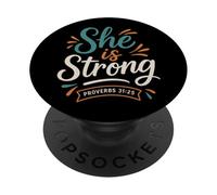 She Is Strong Proverbs 31 25 - Verso bíblico Vintage Cristiano PopSockets PopGrip Adhesivo